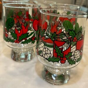 Vintage Mid-Century Christmas Glasses - Red & Green Holly & Candles - Set of 5